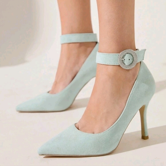 Women's Pointed Toe Studded Buckle Ankle Strap High Heels, Elegant - Picture 1 of 5